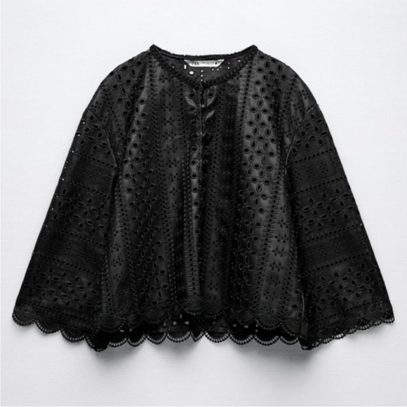 Zara Tops - 🪅Zara Open Work Eyelet Vegan Leather Cropped Top Scalloped Hem Black XXL 14/16